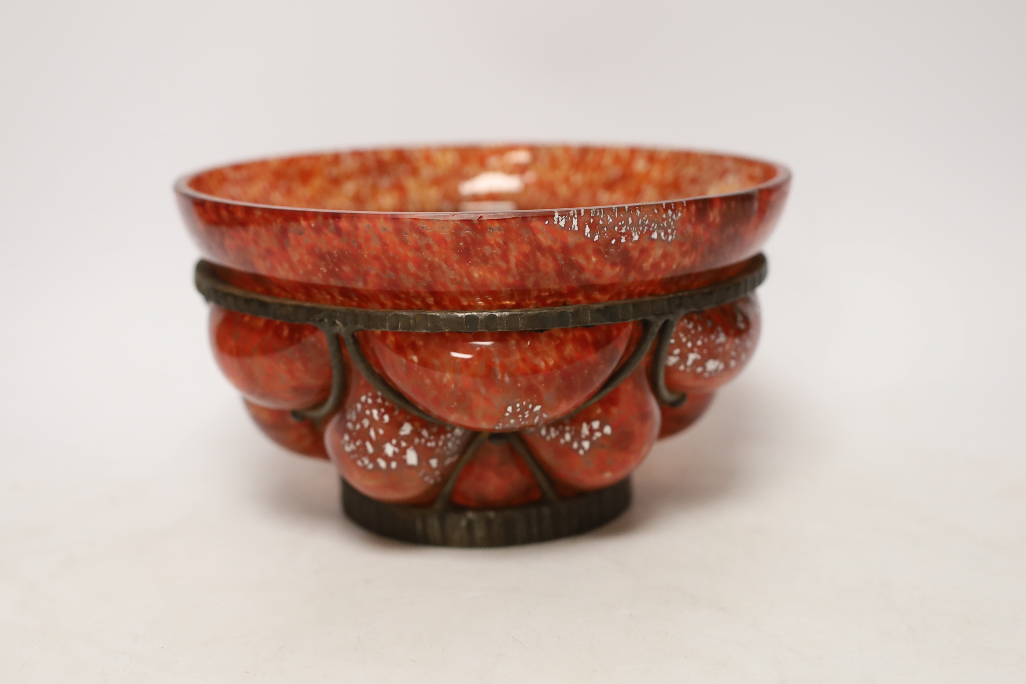Andre Delatte (1887-1953), Nancy wrought iron bound glass bowl, 31.5cm diameter